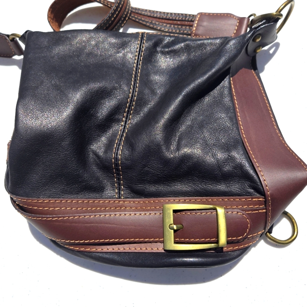 Genuine Leather Purse, Made in Italy, Black with Brown Leather with Buckle